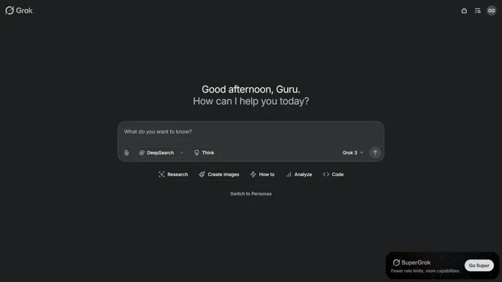 Grok 3 home page interface