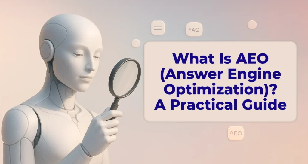 AI humanoid with magnifying glass inspecting an answer card, what is AEO.