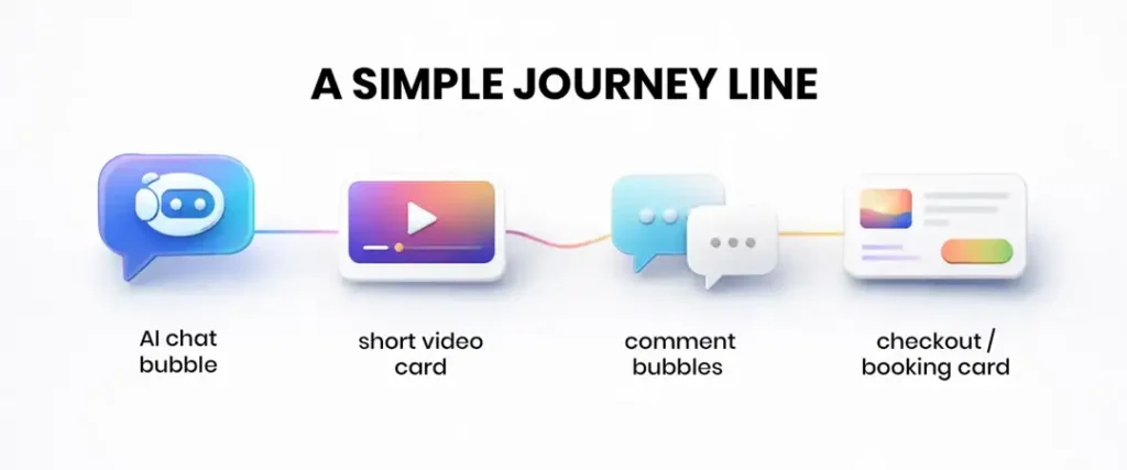 Visual journey from AI answer to short video to comments to booking/checkout.
