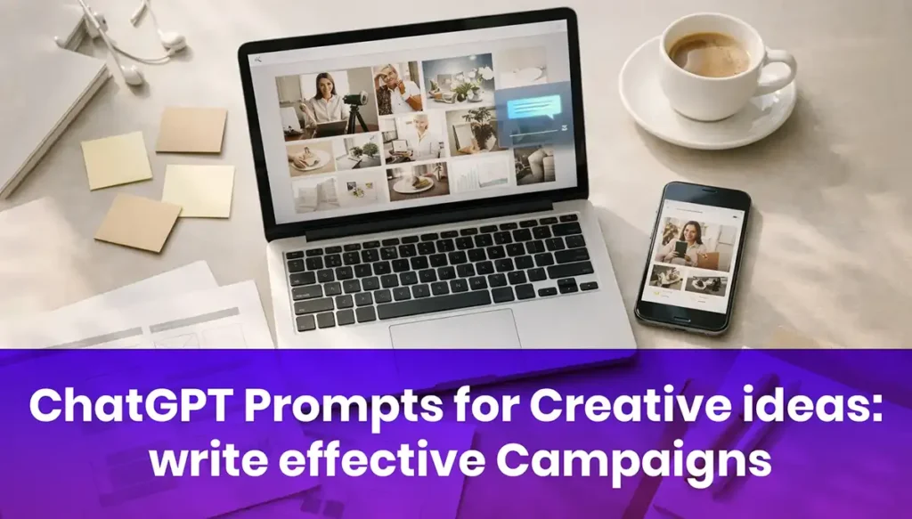 ChatGPT prompts for creative ideas shown as a modern workspace with campaign planning notes, laptop, and social ad concept layouts.