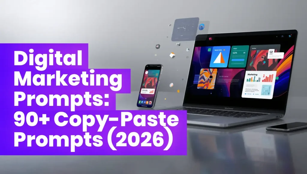Digital marketing prompts concept showing SEO, AI images, client briefs and presentation planning on a laptop and phone.