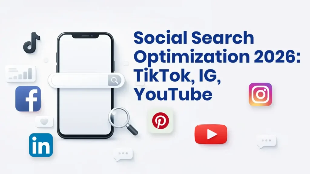Social Search Optimization 2026 concept showing TikTok, Instagram and YouTube as search engines.
